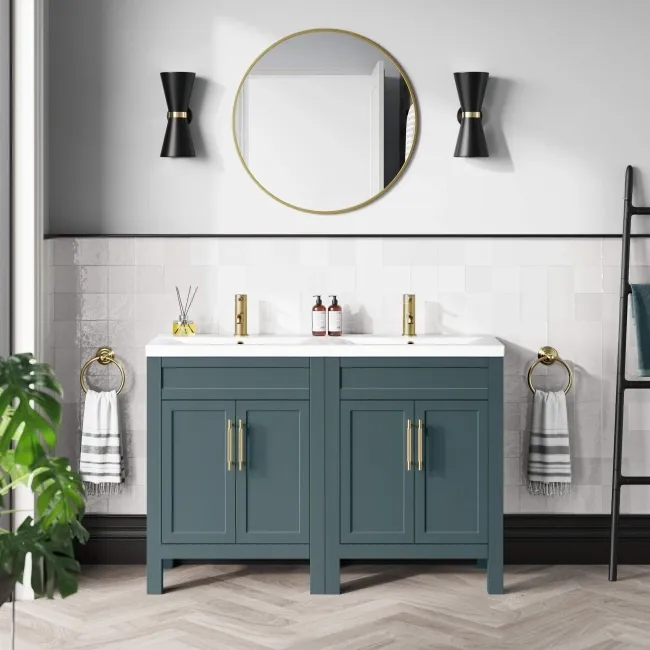 Bermuda Midnight Green Double Basin Vanity 1200mm - Brass Knurled Handles