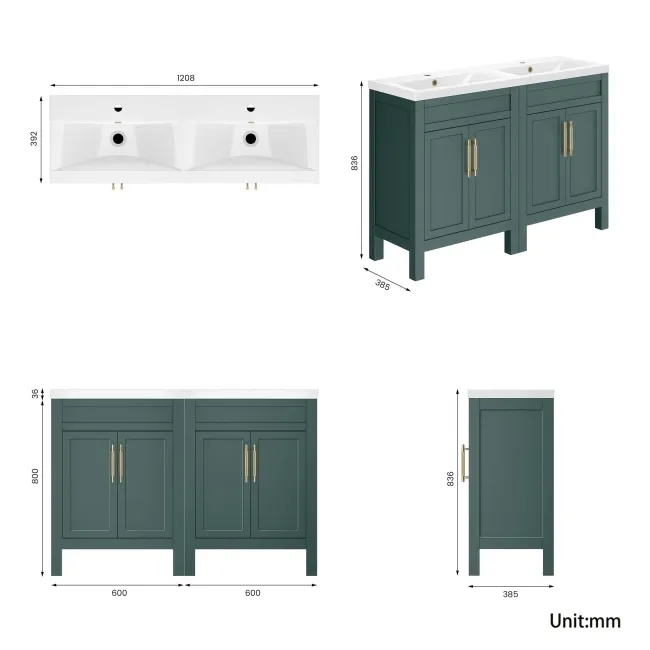Bermuda Midnight Green Double Basin Vanity 1200mm - Brass Knurled Handles