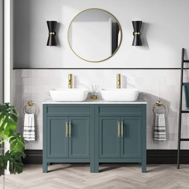 Bermuda Midnight Green Vanity with Marble Top & Curved Counter Top Basin 1200mm - Brass Knurled Handles
