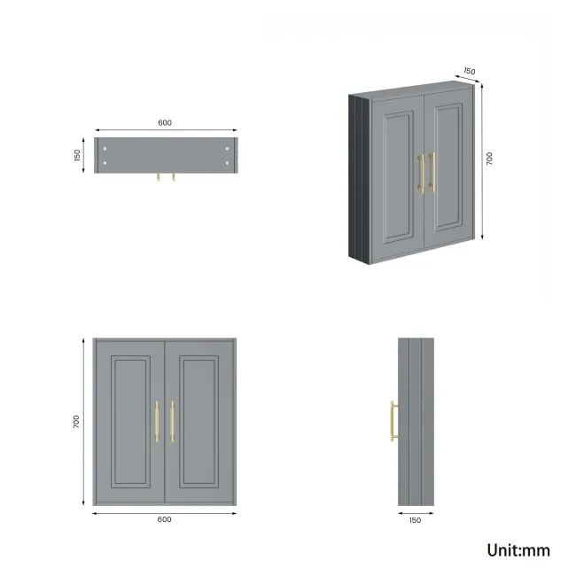 Dove Grey Wall Hung Cabinet 700x600mm - Brass Knurled Handles