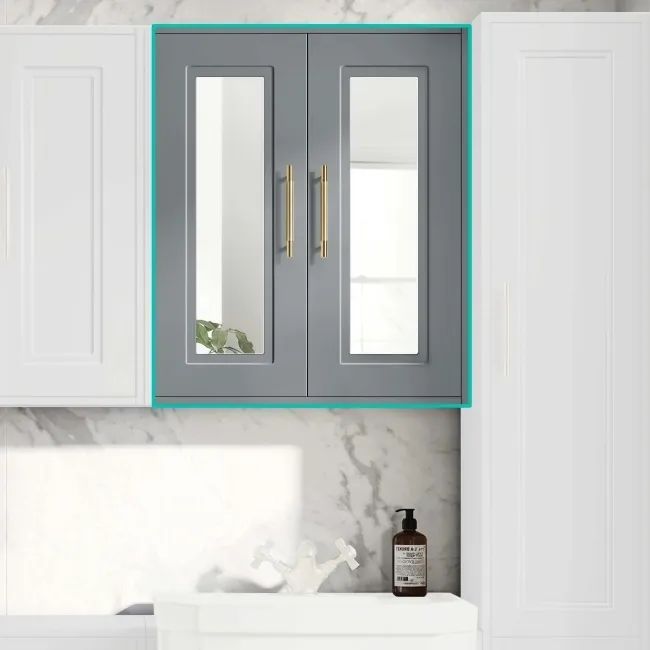 Dove Grey Wall Hung Mirror Cabinet 700x600mm - Brass Knurled Handles