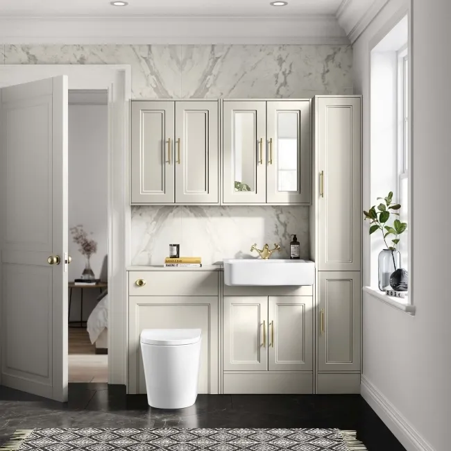 Monaco Chalk White Combination Vanity Basin and Boston Toilet 1200mm - Brass Knurled Handles