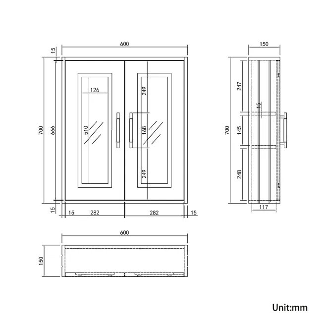 Chalk White Wall Hung Mirror Cabinet 700x600mm - Brass Knurled Handles