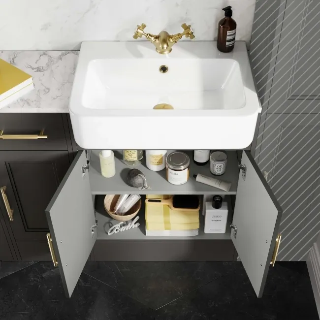 Monaco Graphite Grey Combination Vanity Basin with Marble Top 1500mm (Excludes Pan & Cistern) - Brass Knurled Handles