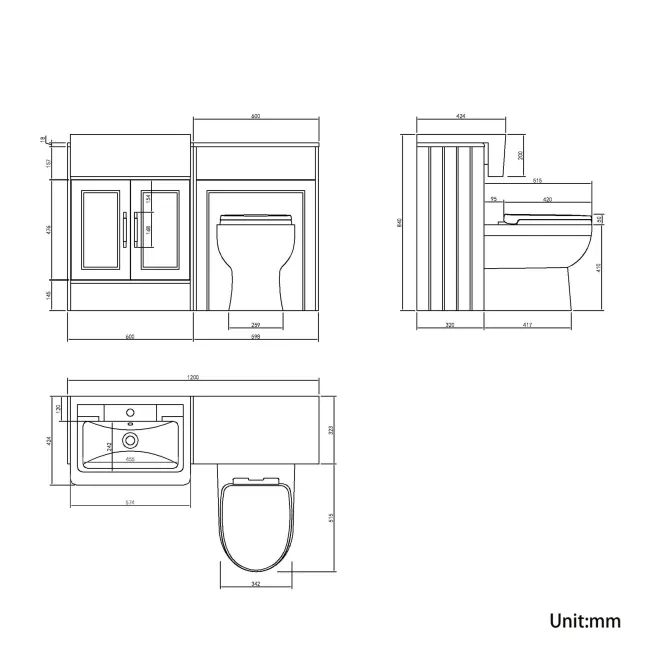Monaco Graphite Grey Combination Vanity Traditional Basin and Seattle Toilet 1200mm - Brass Knurled Handles