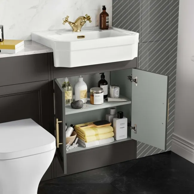 Monaco Graphite Grey Combination Vanity Traditional Basin with Marble Top & Atlanta Toilet 1200mm - Brass Knurled Handles