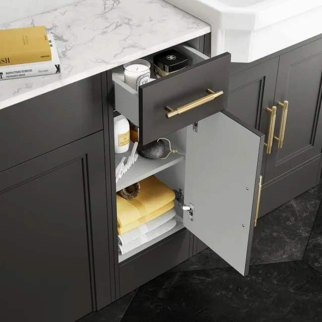 Monaco Graphite Grey Combination Vanity Traditional Basin with Marble Top 1500mm (Excludes Pan & Cistern) - Brass Knurled Handles
