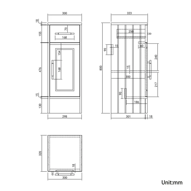 Monaco Graphite Grey Side Cabinet Unit 300mm - Brass Knurled Handles