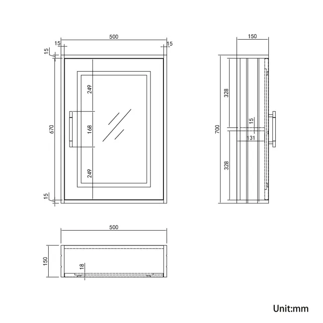 Graphite Grey Mirror Cabinet 700x500mm - Brass Knurled Handles