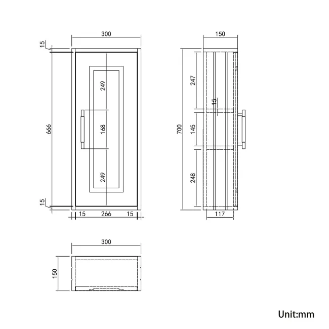 Graphite Grey Wall Hung Cabinet 700x300mm - Brass Knurled Handles