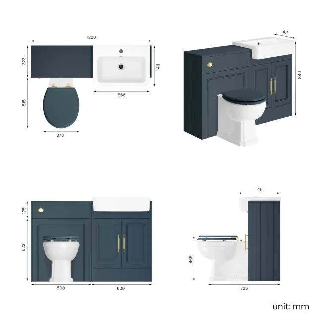 Monaco Inky Blue Combination Vanity Basin and Hudson Toilet with Wooden Seat 1200mm - Brass Knurled Handles