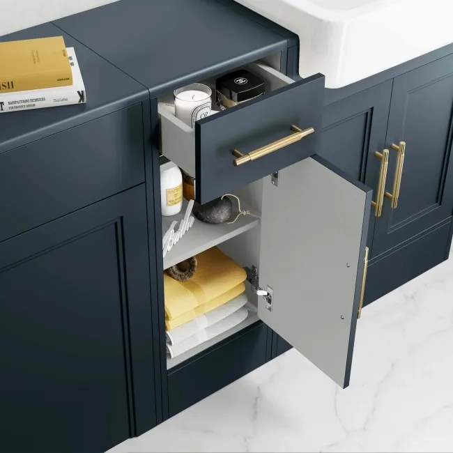 Monaco Inky Blue Combination Vanity Basin and Boston Toilet 1500mm - Brass Knurled Handles