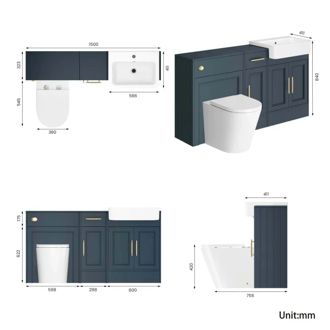 Monaco Inky Blue Combination Vanity Basin and Boston Toilet 1500mm - Brass Knurled Handles