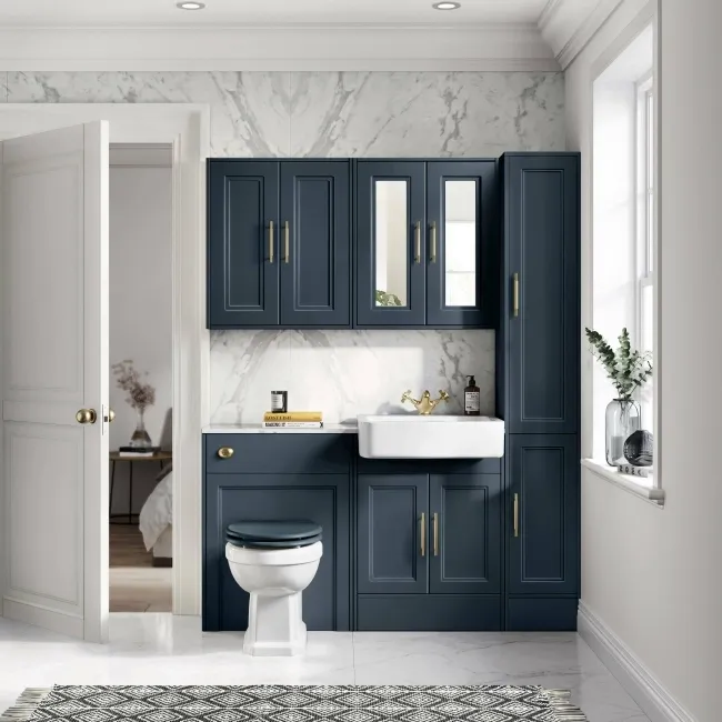 Monaco Inky Blue Combination Vanity Basin with Marble Top 1200mm (Excludes Pan & Cistern) - Brass Knurled Handles