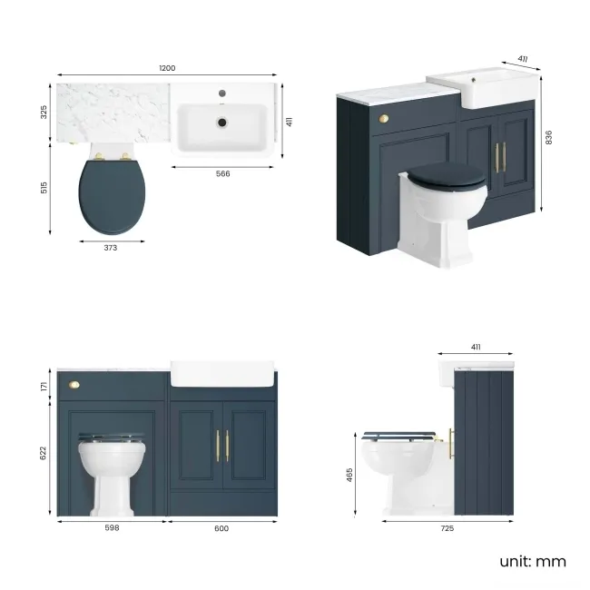 Monaco Inky Blue Combination Vanity Basin with Marble Top & Hudson Toilet with Wooden Seat 1200mm - Brass Knurled Handles
