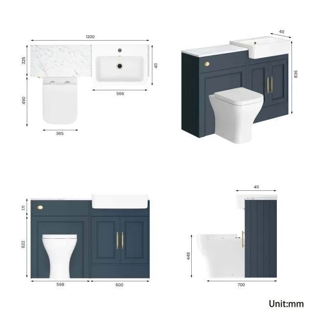 Monaco Inky Blue Combination Vanity Basin with Marble Top & Atlanta Toilet 1200mm - Brass Knurled Handles