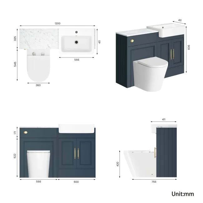 Monaco Inky Blue Combination Vanity Basin with Marble Top & Boston Toilet 1200mm - Brass Knurled Handles