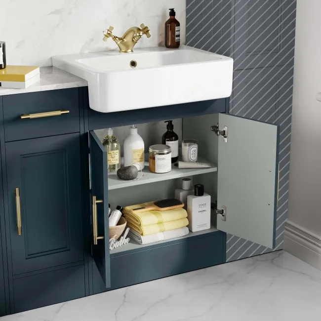 Monaco Inky Blue Combination Vanity Basin with Marble Top 1500mm (Excludes Pan & Cistern) - Brass Knurled Handles