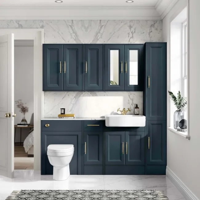 Monaco Inky Blue Combination Vanity Basin with Marble Top and Seattle Toilet 1500mm - Brass Knurled Handles