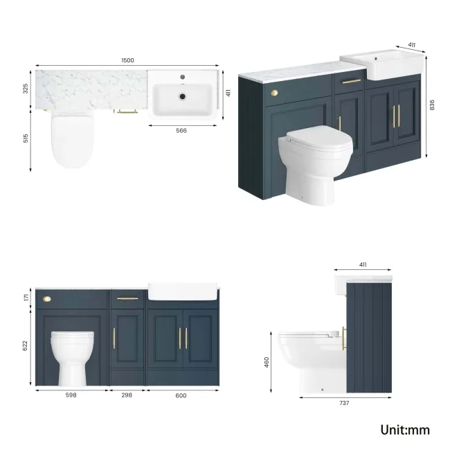 Monaco Inky Blue Combination Vanity Basin with Marble Top and Seattle Toilet 1500mm - Brass Knurled Handles