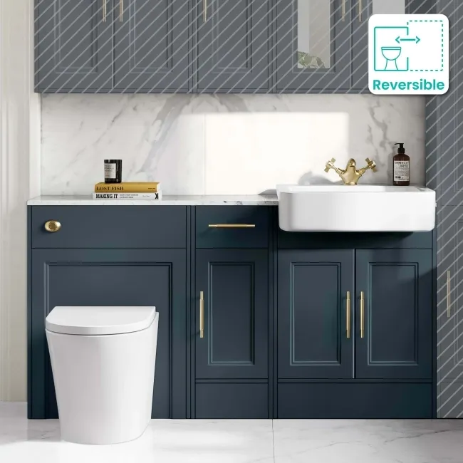 Monaco Inky Blue Combination Vanity Basin with Marble Top and Boston Toilet 1500mm - Brass Knurled Handles