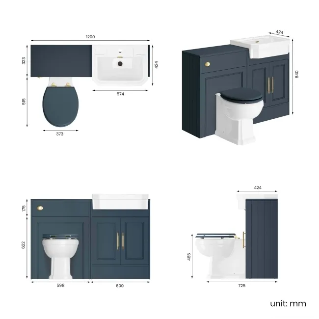 Monaco Inky Blue Combination Vanity Traditional Basin and Hudson Toilet with Wooden Seat 1200mm - Brass Knurled Handles