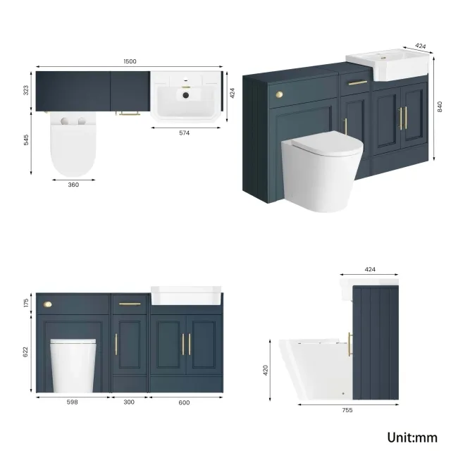 Monaco Inky Blue Combination Vanity Traditional Basin and Boston Toilet 1500mm - Brass Knurled Handles