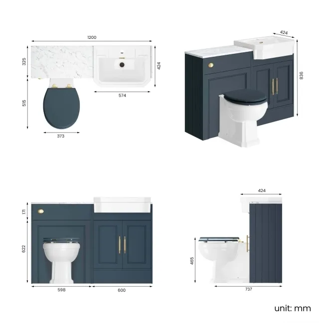 Monaco Inky Blue Combination Vanity Traditional Basin with Marble Top & Hudson Toilet with Wooden Seat 1200mm - Brass Knurled Handles
