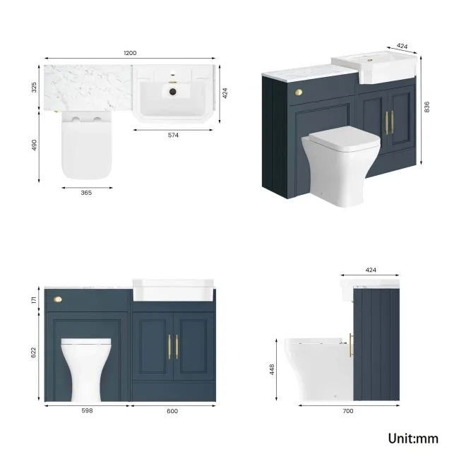 Monaco Inky Blue Combination Vanity Traditional Basin with Marble Top & Atlanta Toilet 1200mm - Brass Knurled Handles