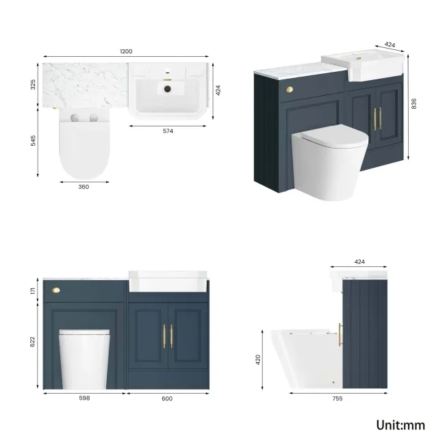 Monaco Inky Blue Combination Vanity Traditional Basin with Marble Top & Boston Toilet 1200mm - Brass Knurled Handles