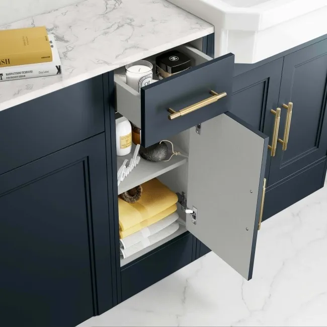 Monaco Inky Blue Combination Vanity Traditional Basin with Marble Top 1500mm (Excludes Pan & Cistern) - Brass Knurled Handles