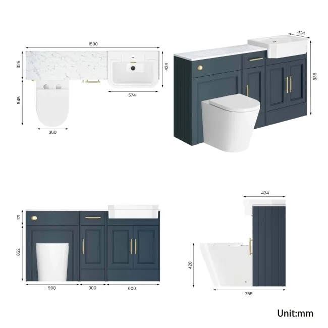 Monaco Inky Blue Combination Vanity Traditional Basin with Marble Top and Boston Toilet 1500mm - Brass Knurled Handles