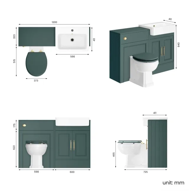 Monaco Midnight Green Combination Vanity Basin and Hudson Toilet with Wooden Seat 1200mm - Brass Knurled Handles