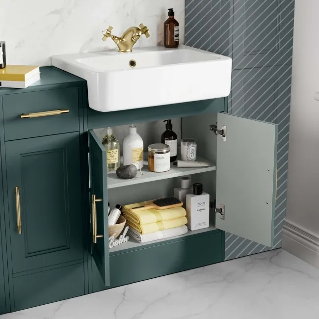 Monaco Midnight Green Combination Vanity Basin and Boston Toilet 1500mm - Brass Knurled Handles