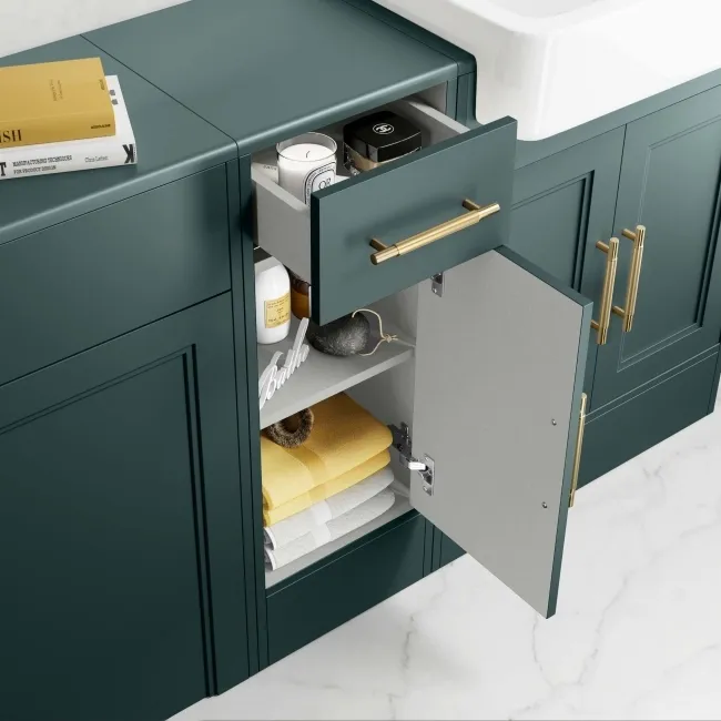 Monaco Midnight Green Combination Vanity Basin and Boston Toilet 1500mm - Brass Knurled Handles