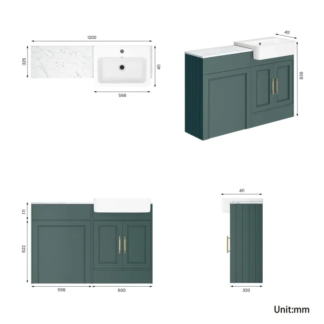 Monaco Midnight Green Combination Vanity Basin with Marble Top 1200mm (Excludes Pan & Cistern) - Brass Knurled Handles