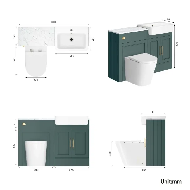 Monaco Midnight Green Combination Vanity Basin with Marble Top & Boston Toilet 1200mm - Brass Knurled Handles