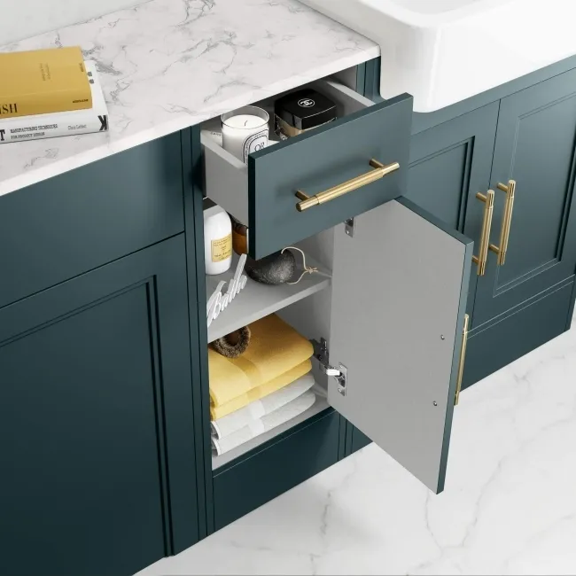 Monaco Midnight Green Combination Vanity Basin with Marble Top and Seattle Toilet 1500mm - Brass Knurled Handles