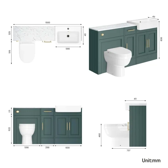 Monaco Midnight Green Combination Vanity Basin with Marble Top and Seattle Toilet 1500mm - Brass Knurled Handles