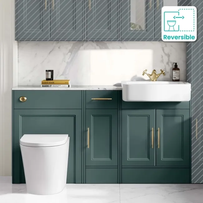 Monaco Midnight Green Combination Vanity Basin with Marble Top and Boston Toilet 1500mm - Brass Knurled Handles