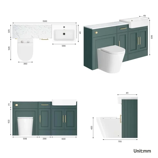 Monaco Midnight Green Combination Vanity Basin with Marble Top and Boston Toilet 1500mm - Brass Knurled Handles