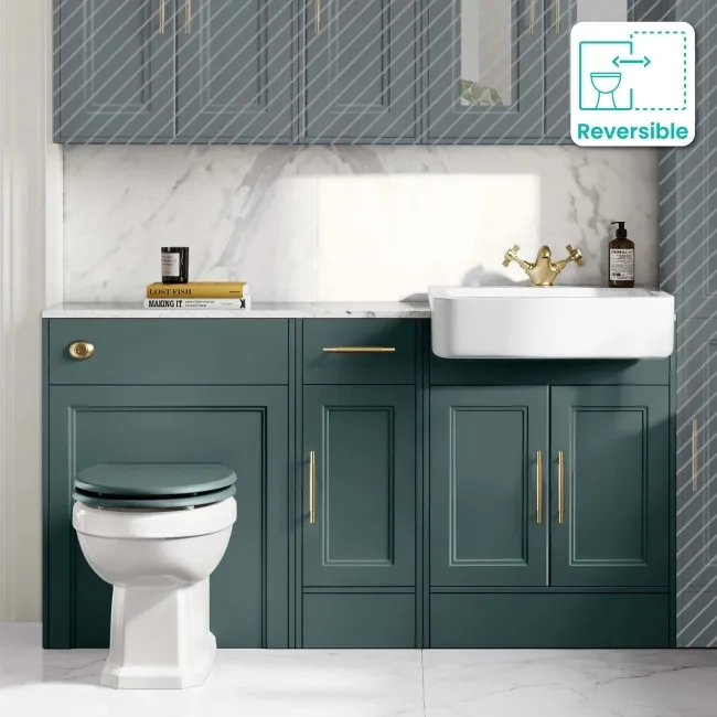 Monaco Midnight Green Combination Vanity Basin with Marble Top and Hudson Toilet with Wooden Seat 1500mm - Brass Knurled Handles