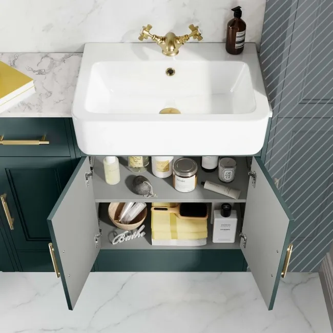 Monaco Midnight Green Combination Vanity Basin with Marble Top and Hudson Toilet with Wooden Seat 1500mm - Brass Knurled Handles