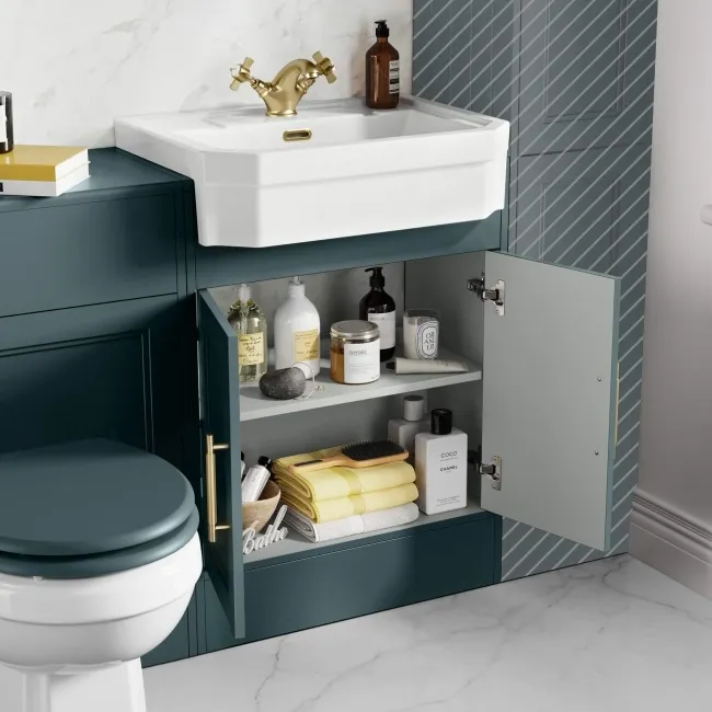 Monaco Midnight Green Combination Vanity Traditional Basin and Hudson Toilet with Wooden Seat 1200mm - Brass Knurled Handles