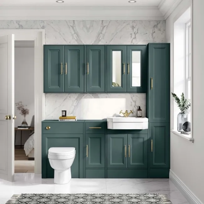 Monaco Midnight Green Combination Vanity Traditional Basin and Seattle Toilet 1500mm - Brass Knurled Handles