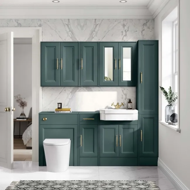 Monaco Midnight Green Combination Vanity Traditional Basin and Boston Toilet 1500mm - Brass Knurled Handles