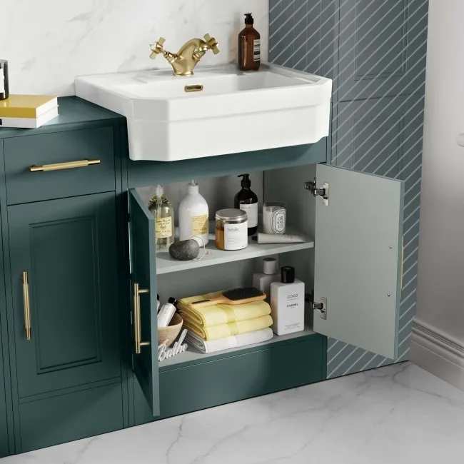 Monaco Midnight Green Combination Vanity Traditional Basin and Hudson Toilet with Wooden Seat 1500mm - Brass Knurled Handles