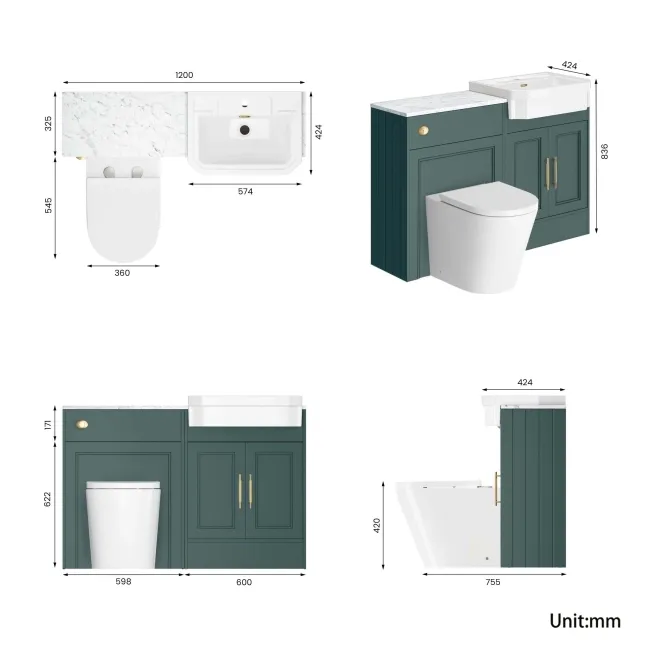 Monaco Midnight Green Combination Vanity Traditional Basin with Marble Top & Boston Toilet 1200mm - Brass Knurled Handles