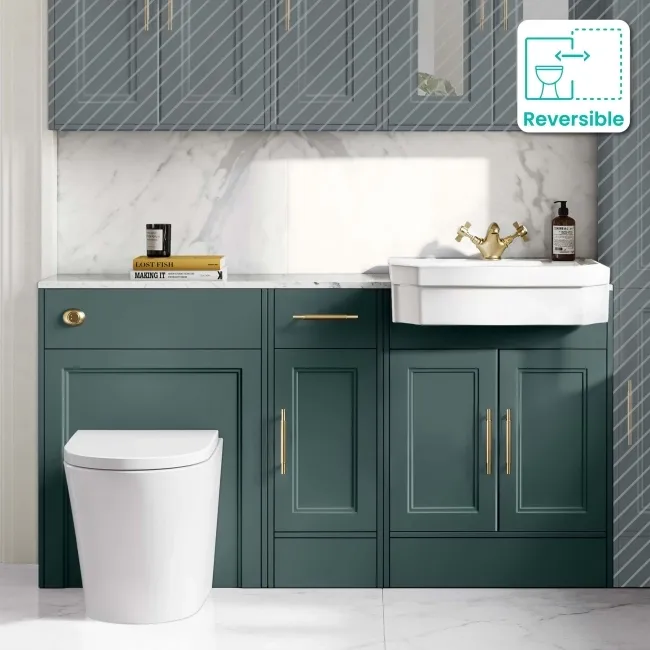 Monaco Midnight Green Combination Vanity Traditional Basin with Marble Top and Boston Toilet 1500mm - Brass Knurled Handles