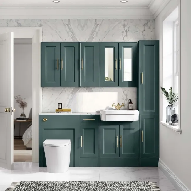 Monaco Midnight Green Combination Vanity Traditional Basin with Marble Top and Boston Toilet 1500mm - Brass Knurled Handles